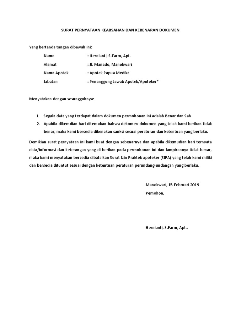 [Contoh] Surat Pernyataan Keabsahan Dan Kebenaran Dokumen