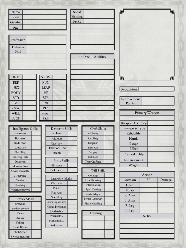 Fillable Witcher Character Sheet Pdf