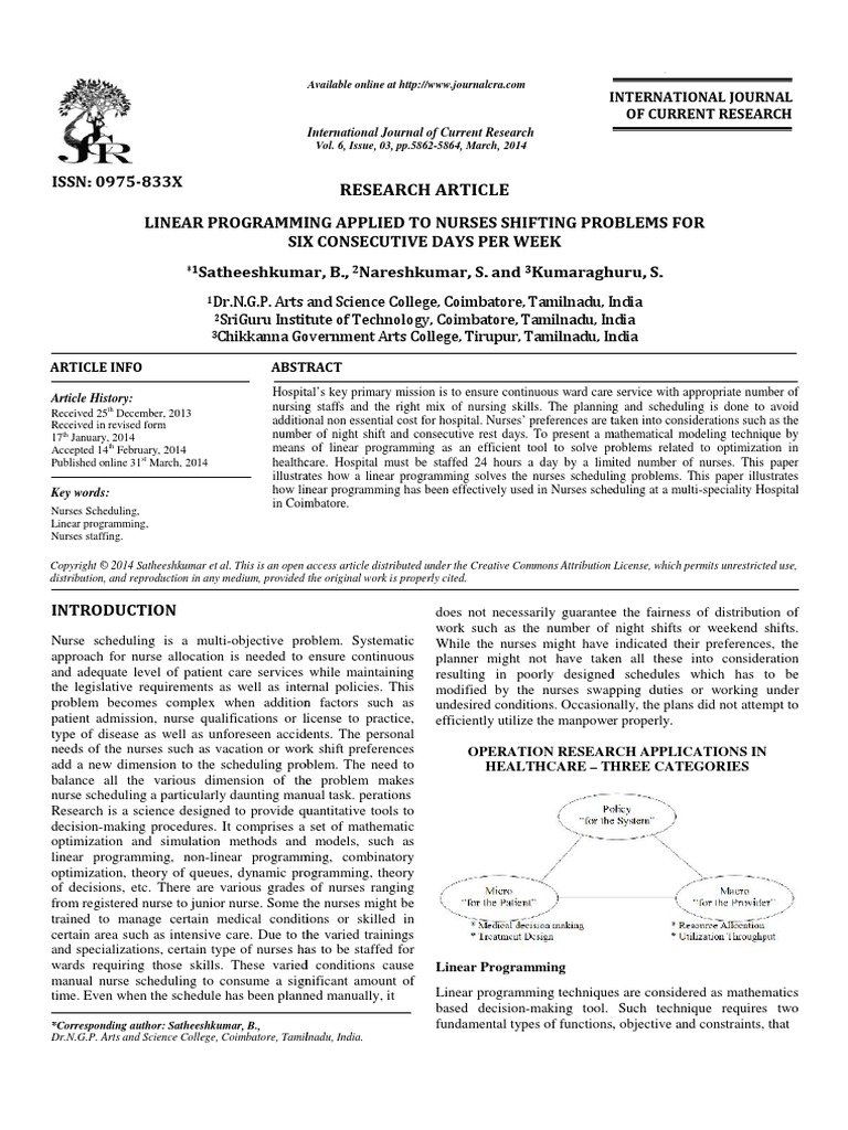 Linear Programming Applied To Nurses Shifting Problems | PDF ...