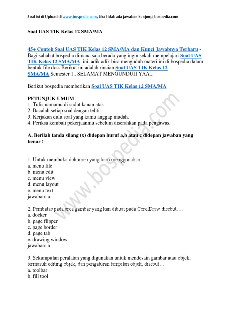 45 Contoh Soal Uas Tik Kelas 12 Sma Ma Dan Kunci Jawabnya