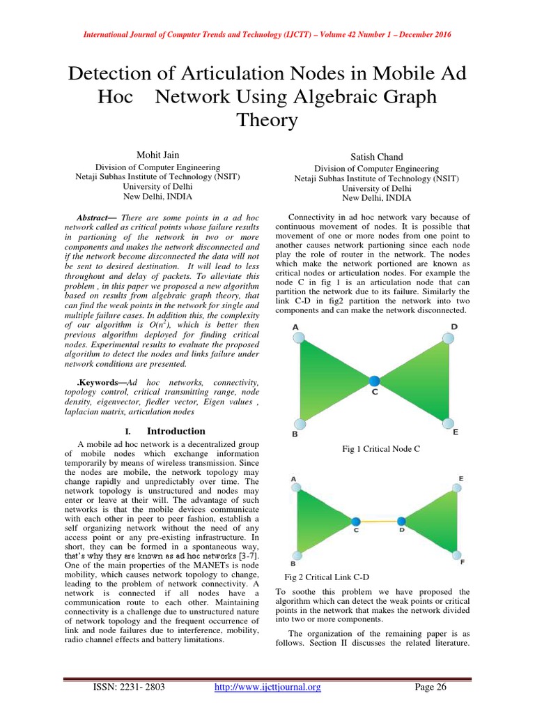 Detection of articulation nodes in mobile ad hoc network using