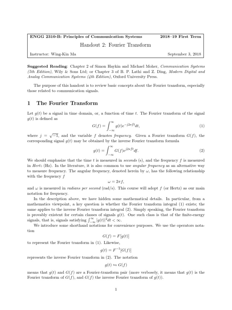 Handout 2: Fourier Transform | PDF | Spectral Density | Fourier Transform
