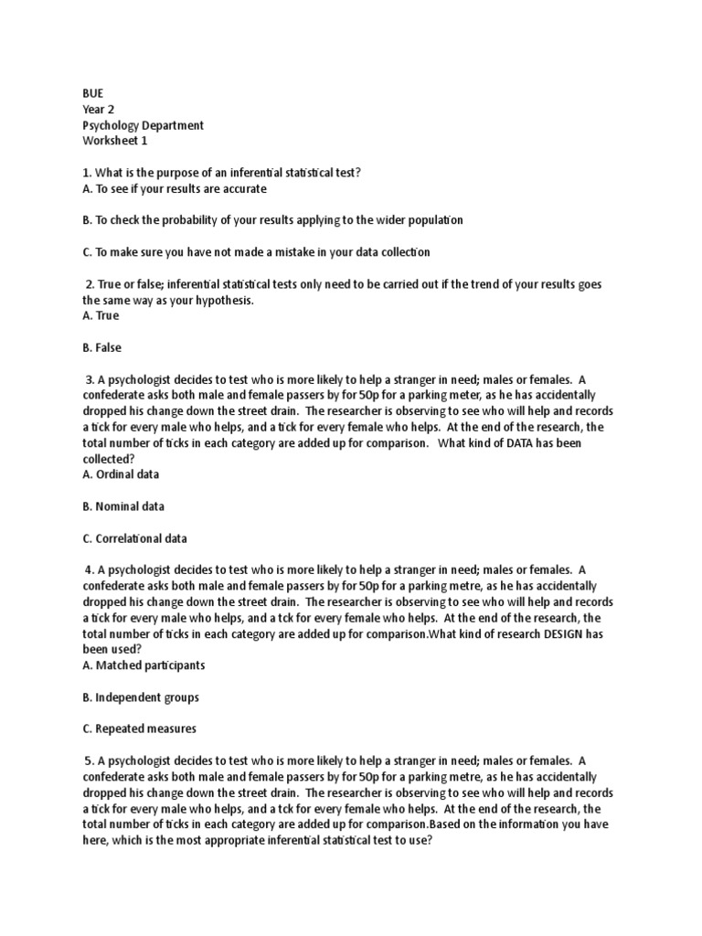 Worksheet 1 Statistical Hypothesis Testing Statistical Significance