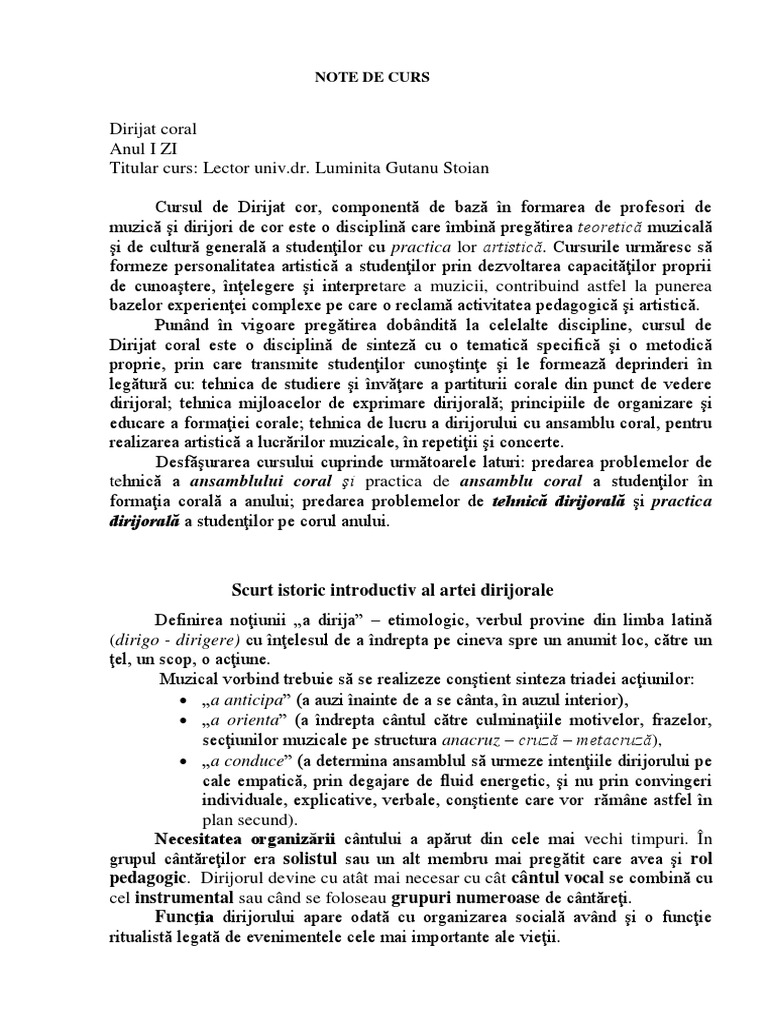 NOTE de CURS Dirijat Cor An I Sem I 2015-2016 | PDF