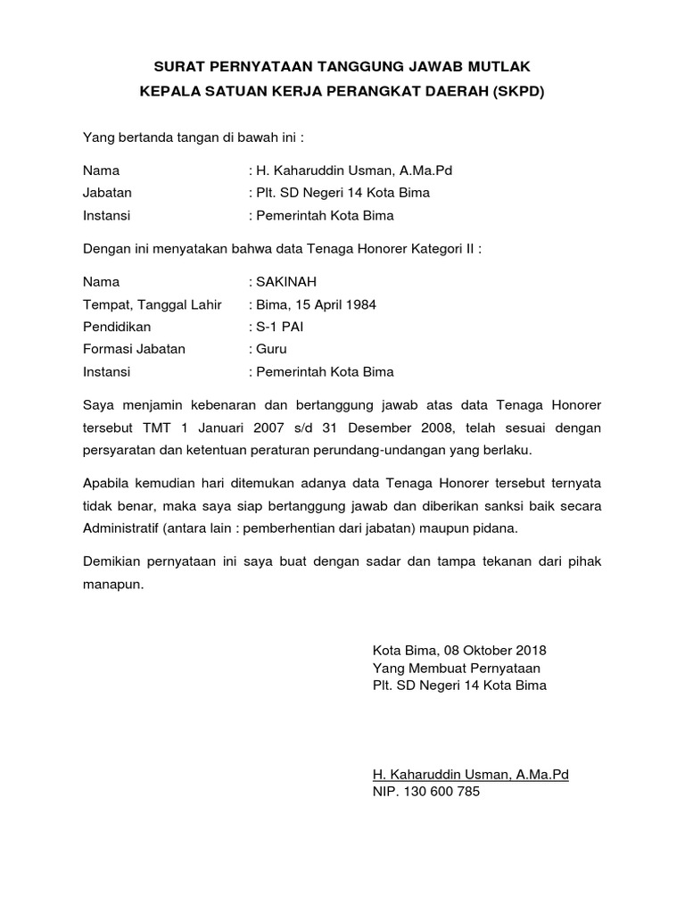 Surat Pernyataan Tanggung Jawab Mutlak Kepala Skpd