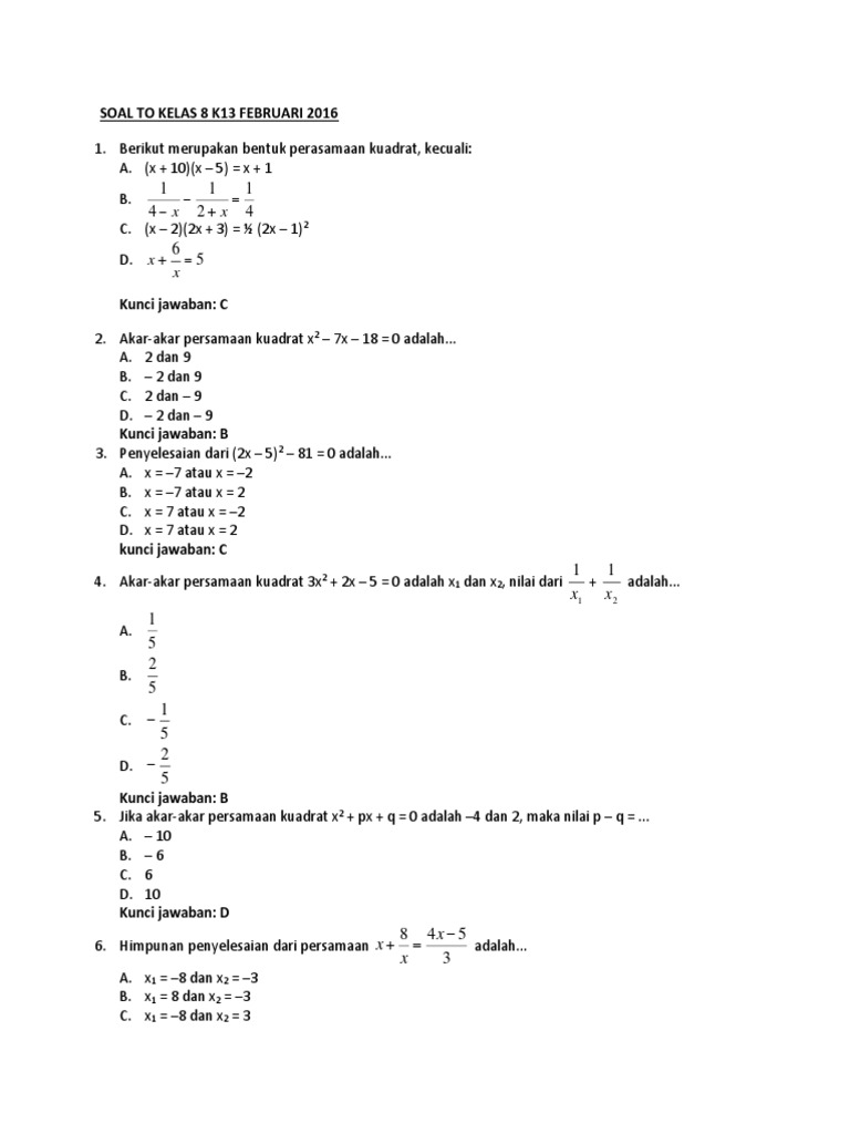 Soal Latihan Persamaan Kuadrat Kelas 9 Smp