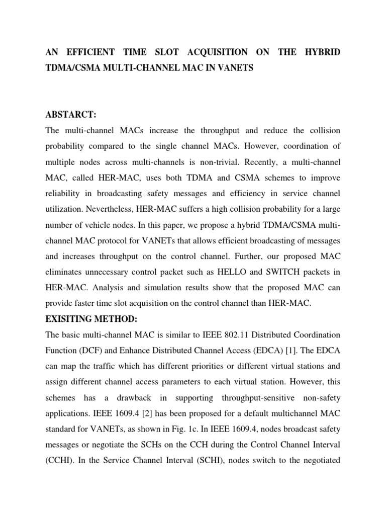 Hybrid TDMA/CSMA MAC for VANETs | PDF | Channel Access Method ...