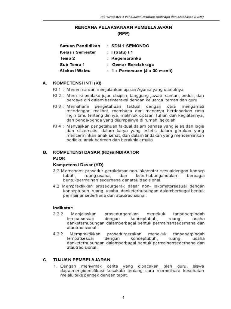 Rpp Pjok Kls 1 Tm 2 Kegemaranku