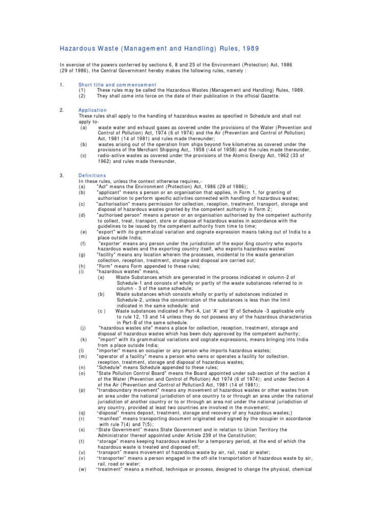 Hazardous Waste Management and Handling Rules, 1989 PDF