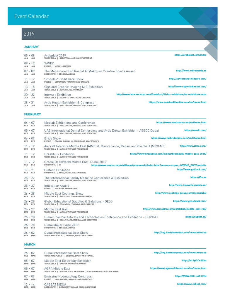 2019 DWTC Event Calendar English PDF Dubai United Arab Emirates