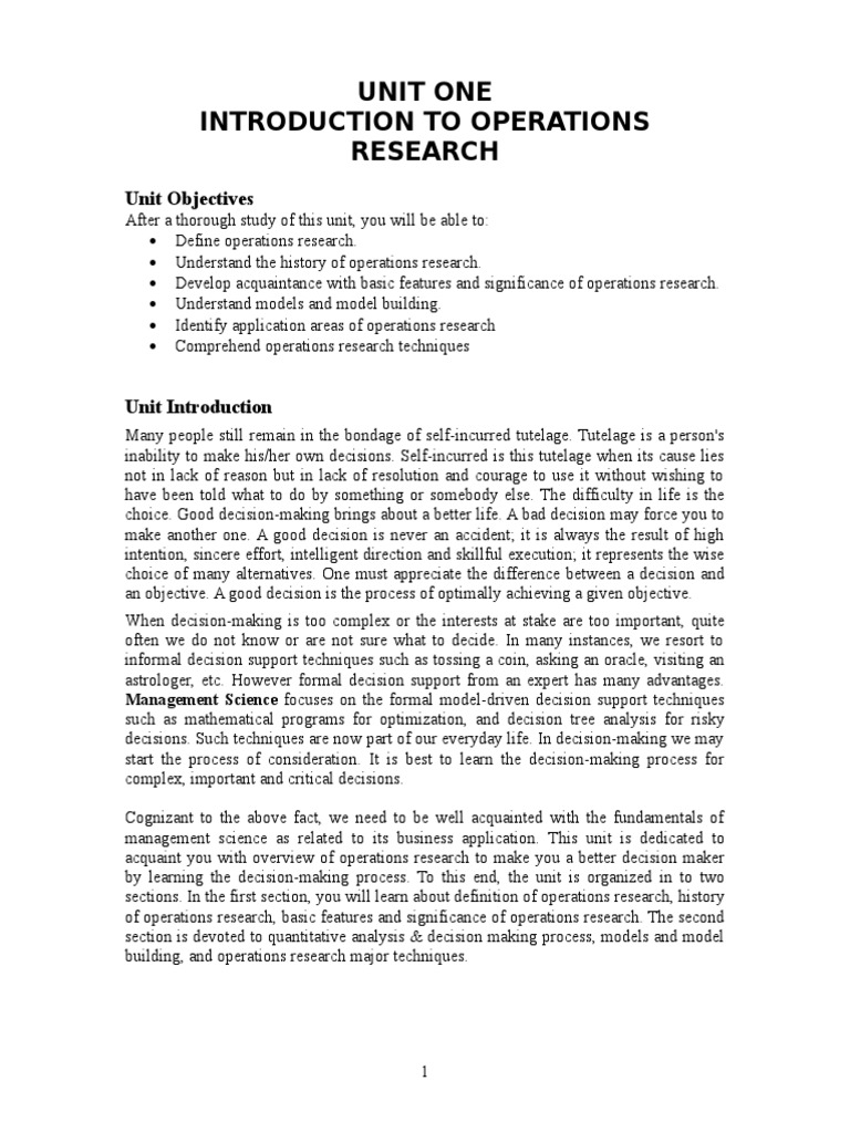 Unit One Introduction To Operations Research | Linear Programming ...
