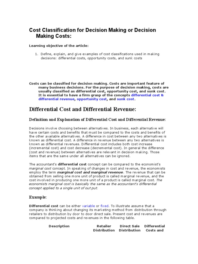 Differential Cost and Differential Revenue PDF Cost Revenue