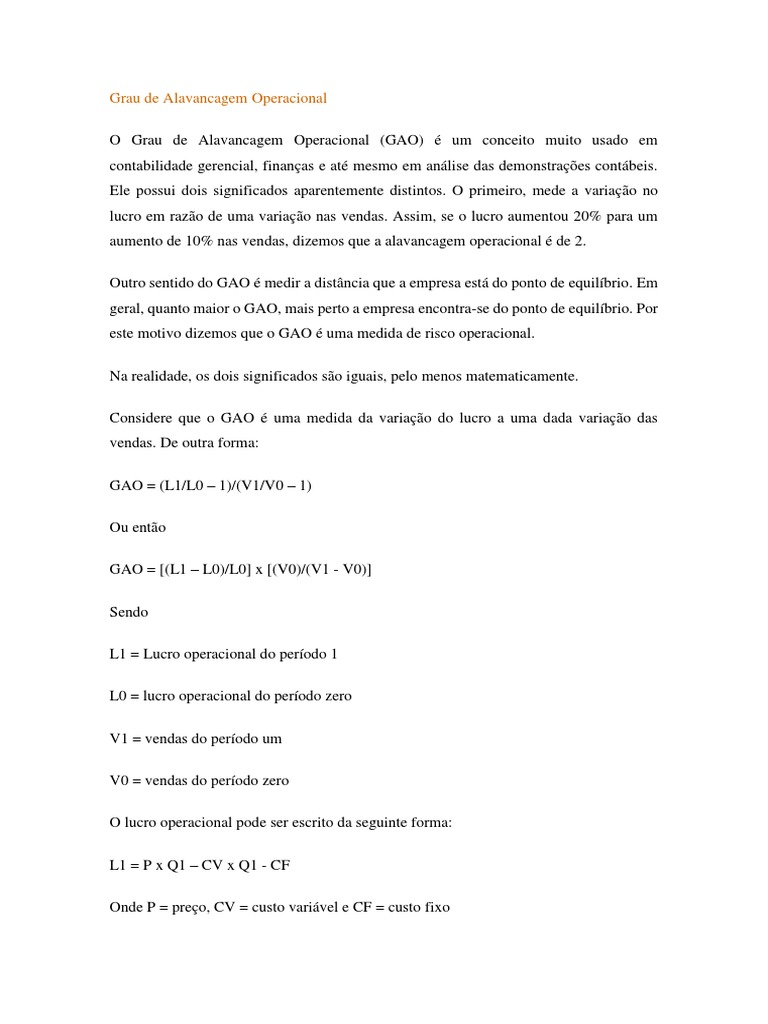 Grau de Alavancagem Operacional (GAO) | PDF | Alavancagem (finanças ...