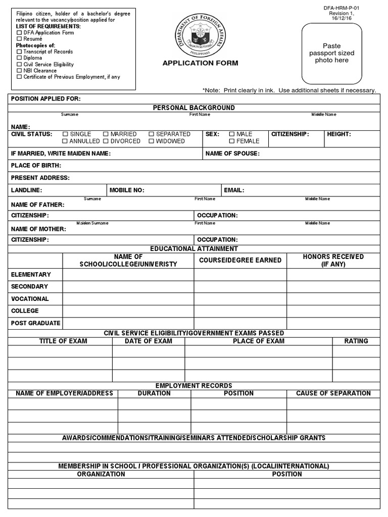 DFA Application Form Revision 1 PDF | PDF | Academic Degree | Employment