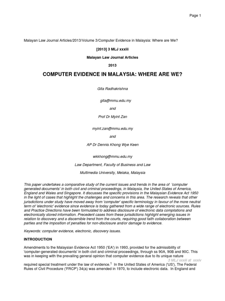 Computer Evidence In Malaysia Where Are Discovery Law Evidence Law