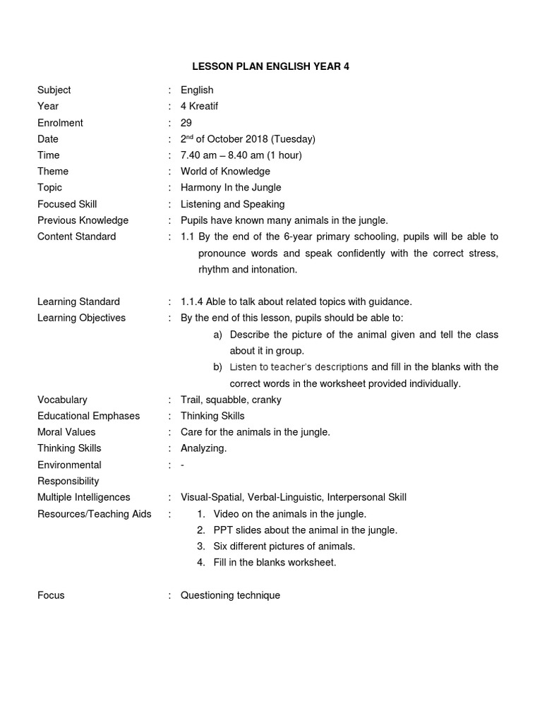 Lesson Plan English Year 4 Animals Harmony | PDF | Teachers | Lesson Plan