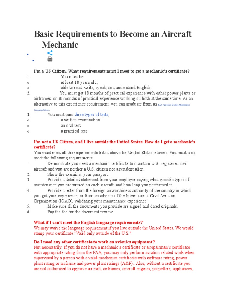 Basic Requirements To An Aircraft Mechanic PDF Aerospace