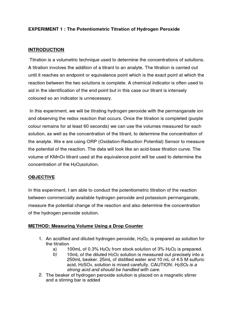 Experiment 1 The Potentiometric Titration Of Hydrogen Peroxide Redox Titration