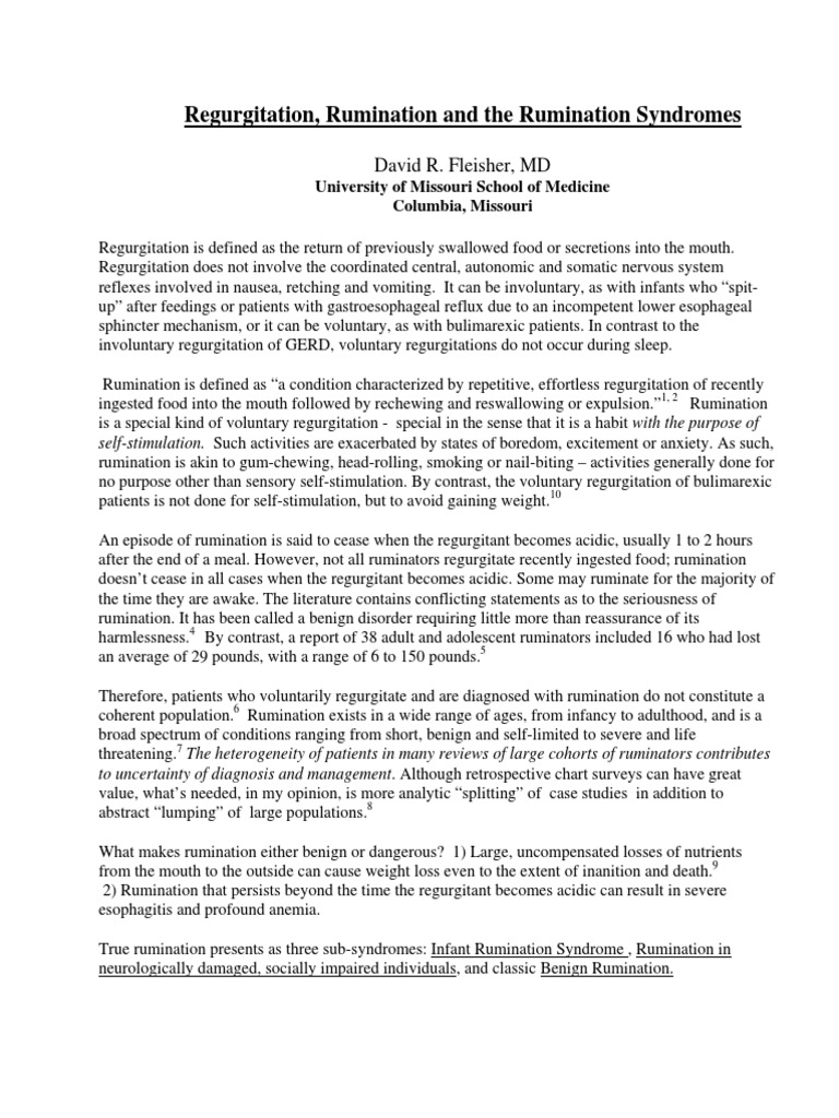 Regurgitation, Rumination and The Rumination Syndromes David R. Fleisher, MD PDF Vomiting