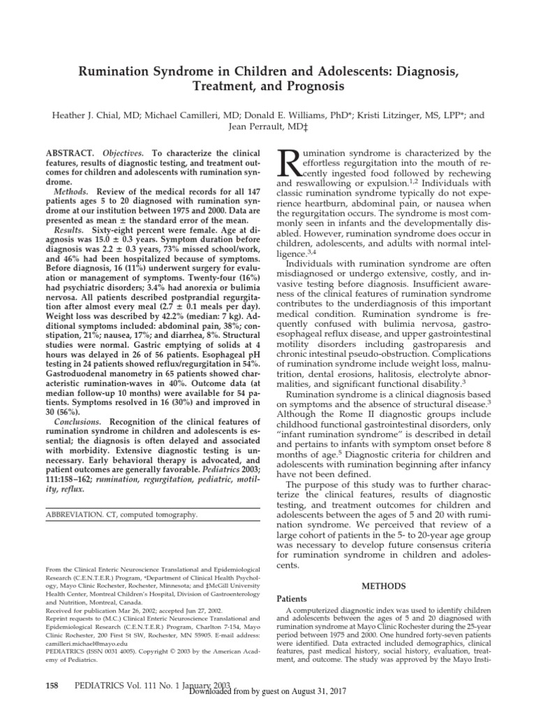 Rumination Syndrome in Children and Adolescents Diagnosis, Treatment