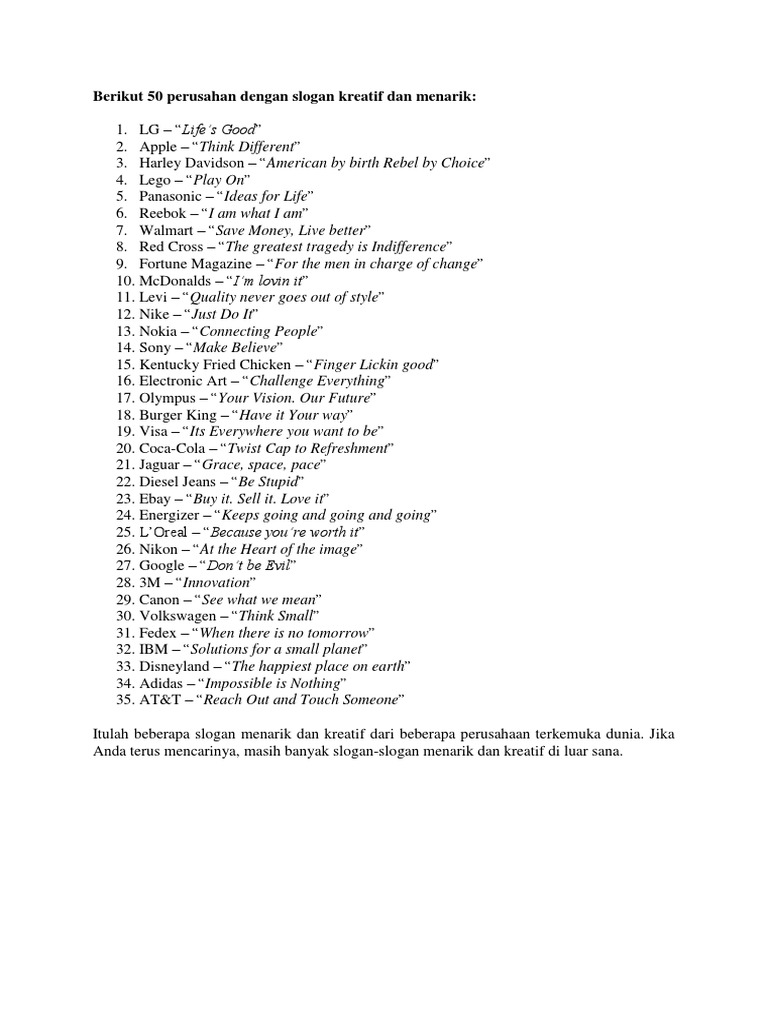 Berikut 50 Perusahan Dengan Slogan Kreatif Dan Menarik | PDF