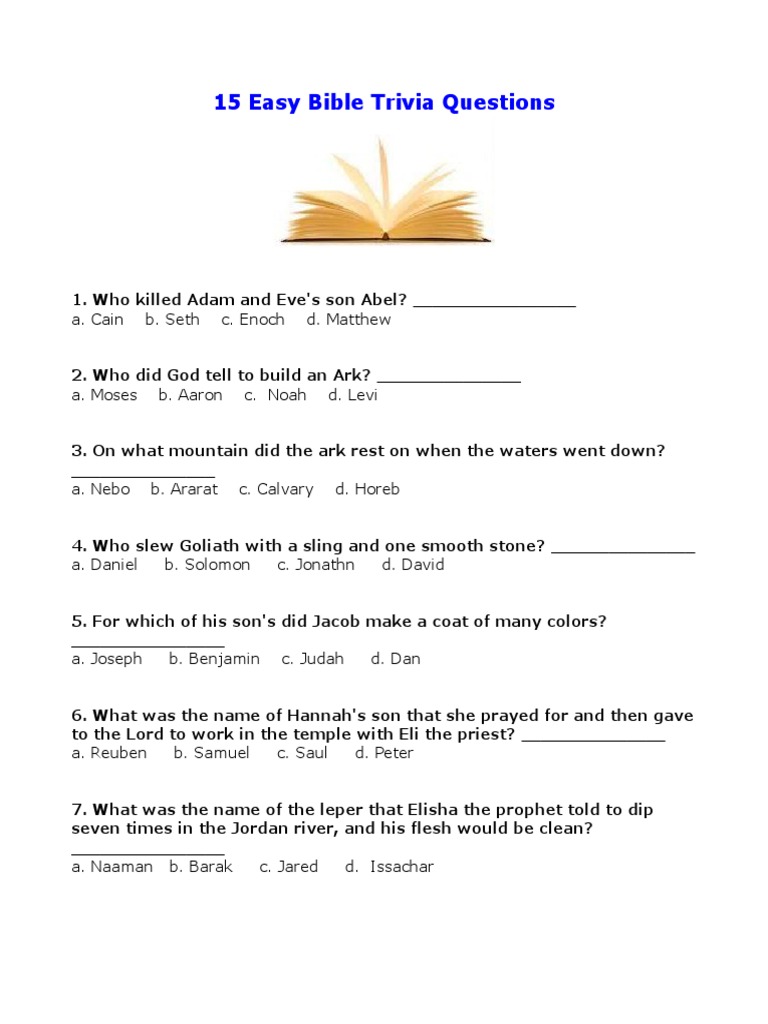 15 Easy Bible Trivia Questions | PDF | Shadrach, Meshach, And Abednego | David for Free Printable Bible Trivia Questions And Answers Multiple Choice