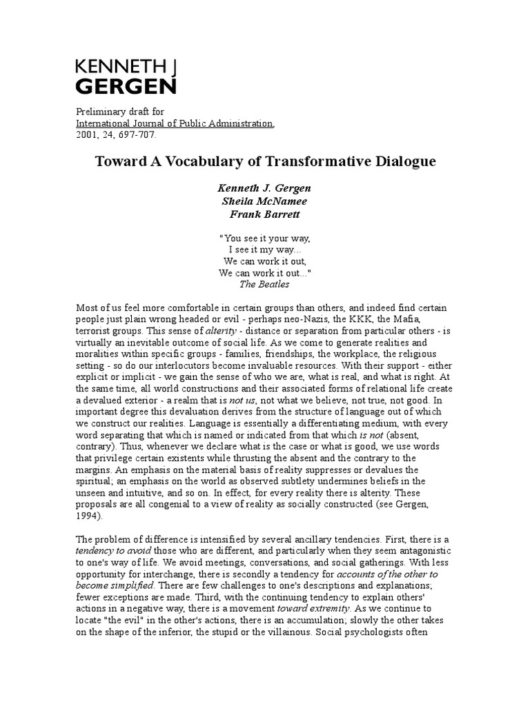 Toward A Vocabulary of Transformative Dialogue | PDF | Social ...
