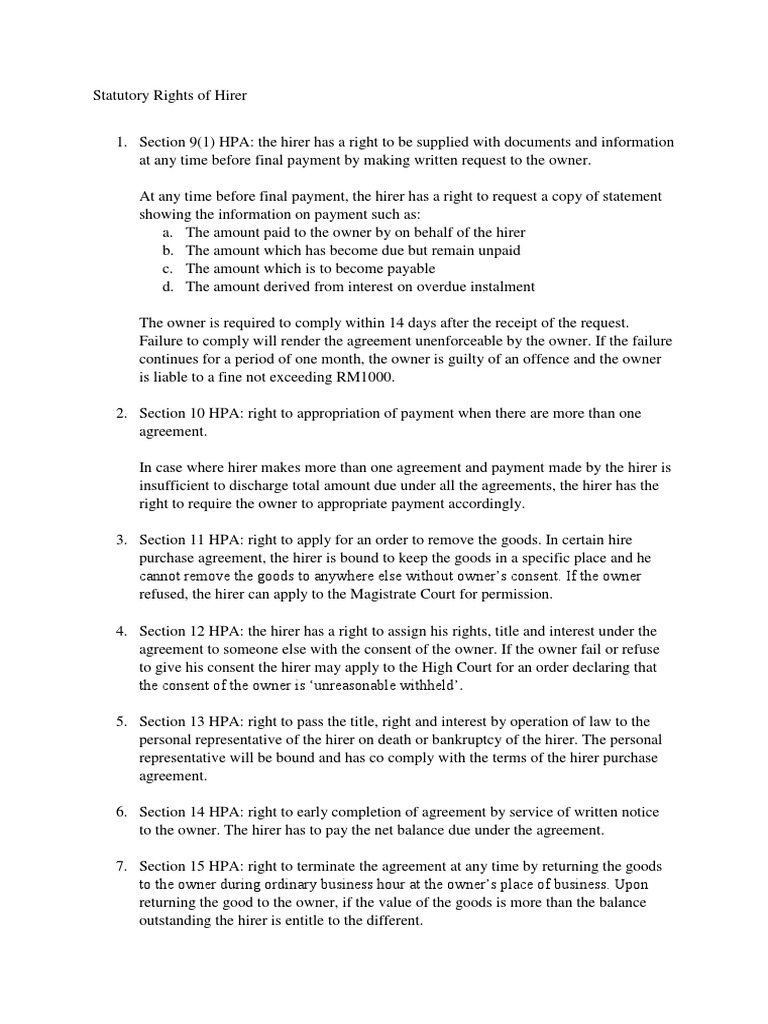 Statutory Rights of Hirer Under 40 | PDF | Interest | Payments