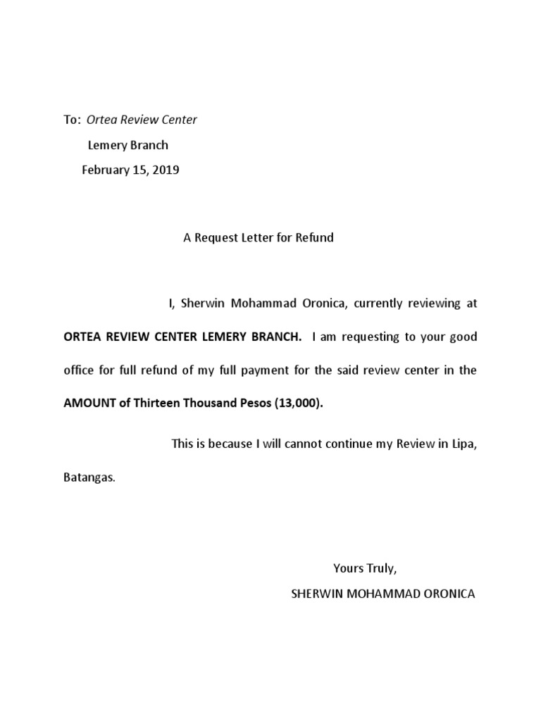 Refund Request to Ortea Review Center | PDF