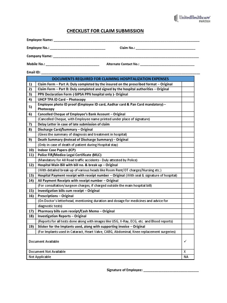 Claim Submission Checklist for UHCP | PDF | Receipt | Invoice