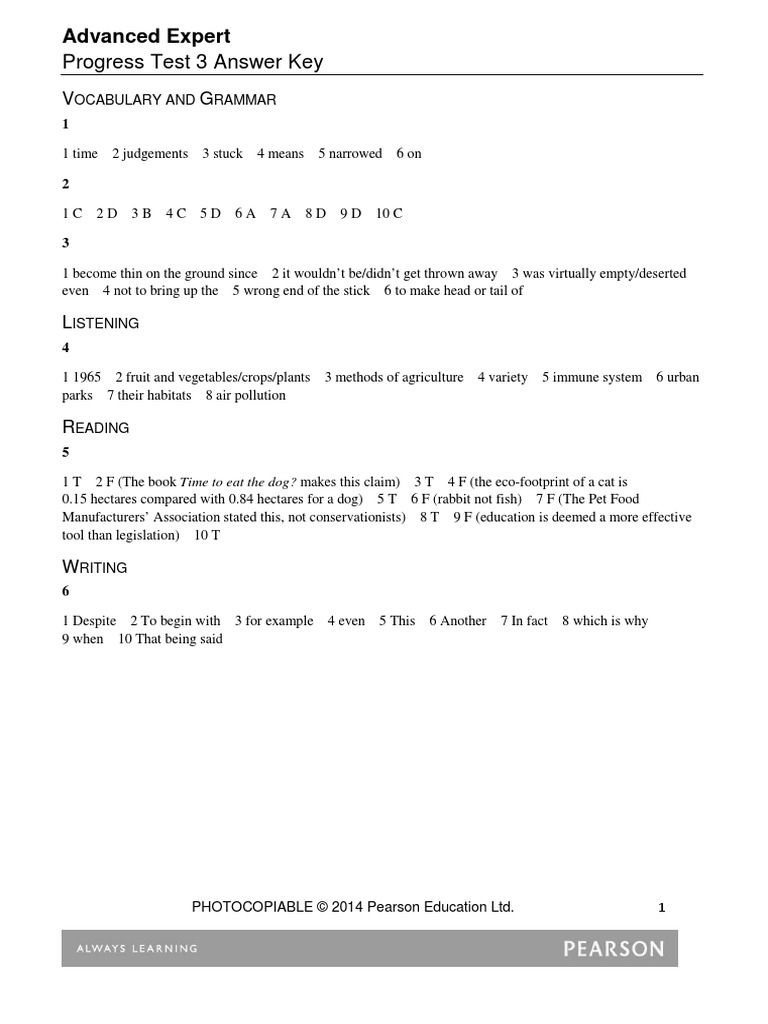 Progress Test 3 Answer Key: Advanced Expert | PDF | Wellness | Science ...