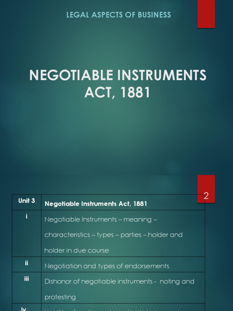 Overview of Negotiable Instruments Act 1881 | PDF | Negotiable ...
