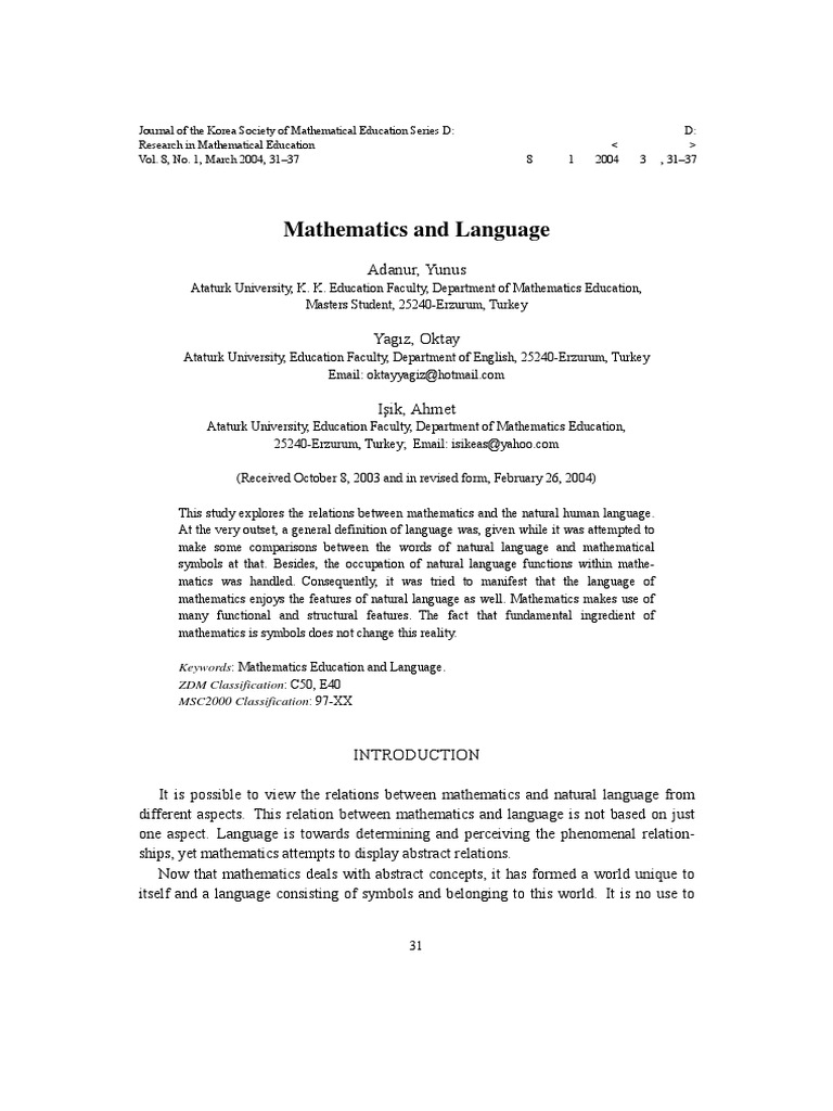Mathematics and Language: Adanur, Yunus | PDF | Teaching Mathematics ...