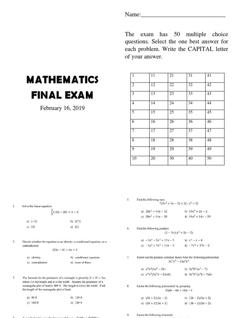 Mathematics Final Exam Questions | PDF