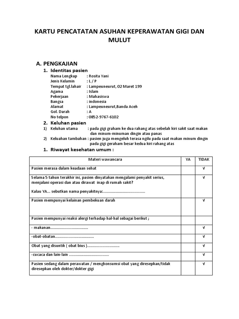 Kartu Pencatatan Asuhan Keperawatan Gigi Dan Mulut