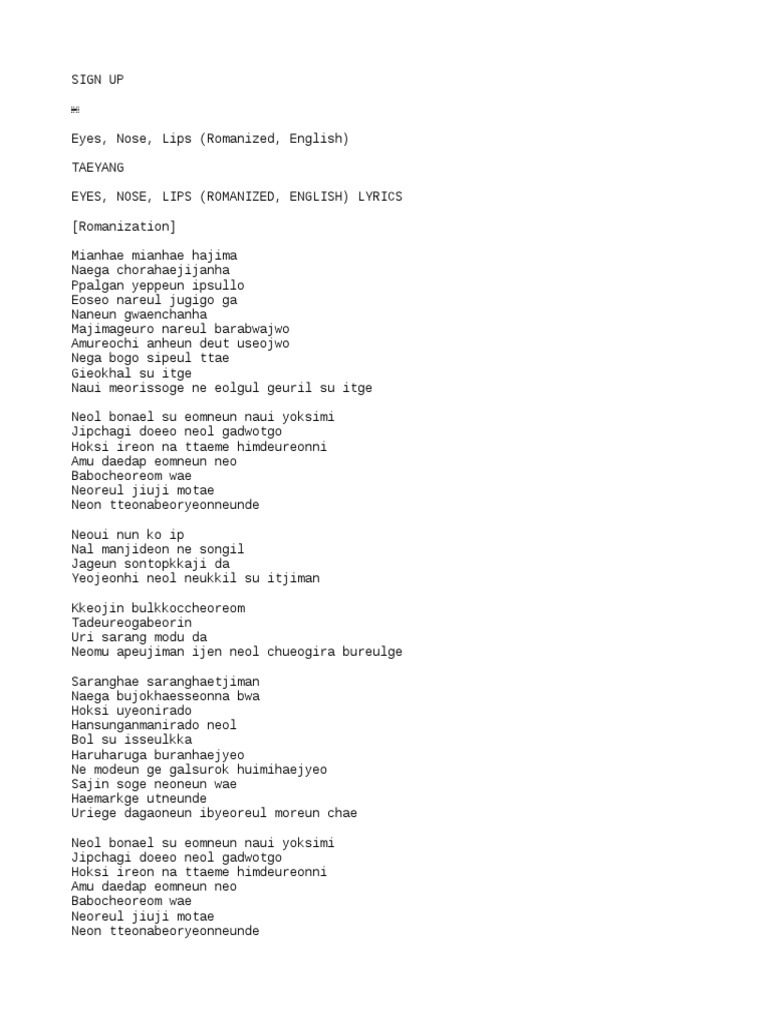 Eyes Nose Lips Chords English Version