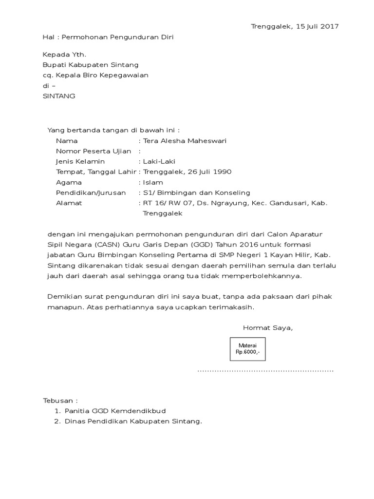 Contoh Surat Pengunduran Diri Guru Paud Tetapi apabila Anda tidak setuju dengan perubahan perjanjian tersebut maka Anda berhak mengajukan surat pengunduran diri.