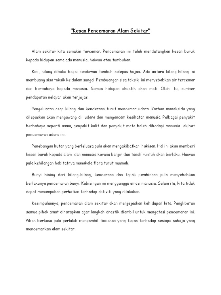 Kesan Pencemaran Alam Sekitar Pdf