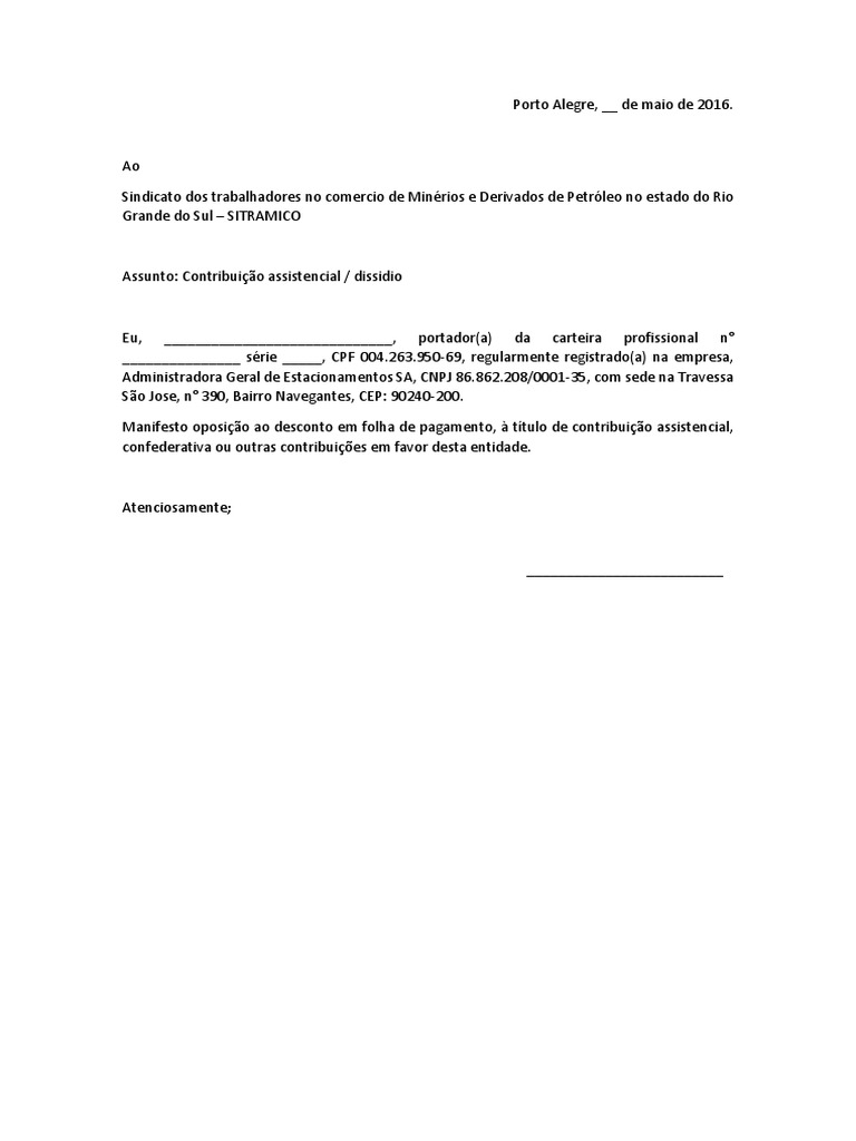 Carta Sindicato Modelo PDF