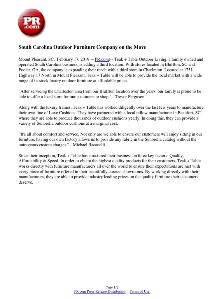 South Carolina Outdoor Furniture Company On The Move Business