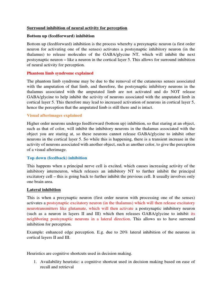 Neural Inhibition and Perception Mechanisms | PDF | Inhibitory ...