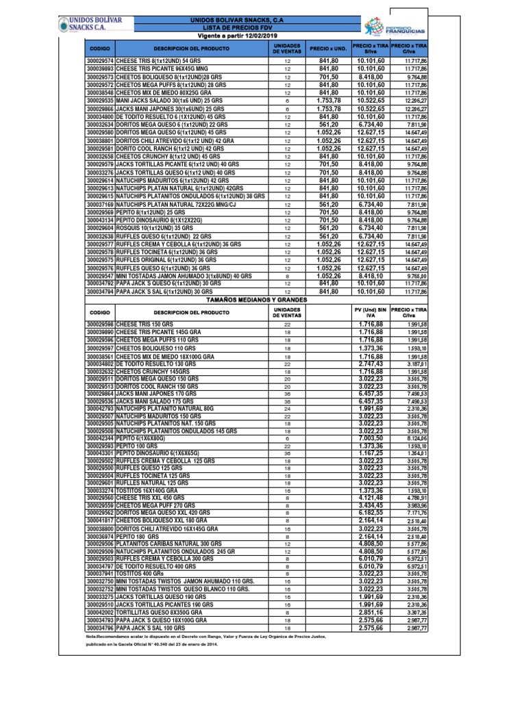 Lista de Precios Pepsico Pepsi Co Lanche
