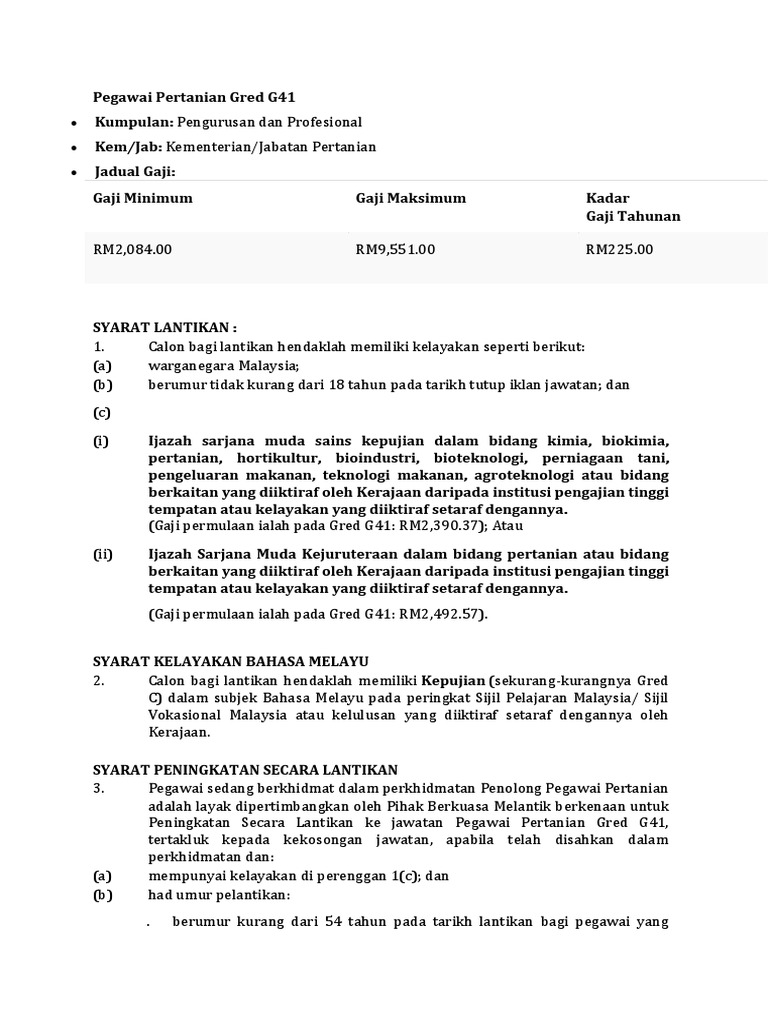 Syarat Kemasukan Pegawai Pertanian Gred G41 Jpa Pdf