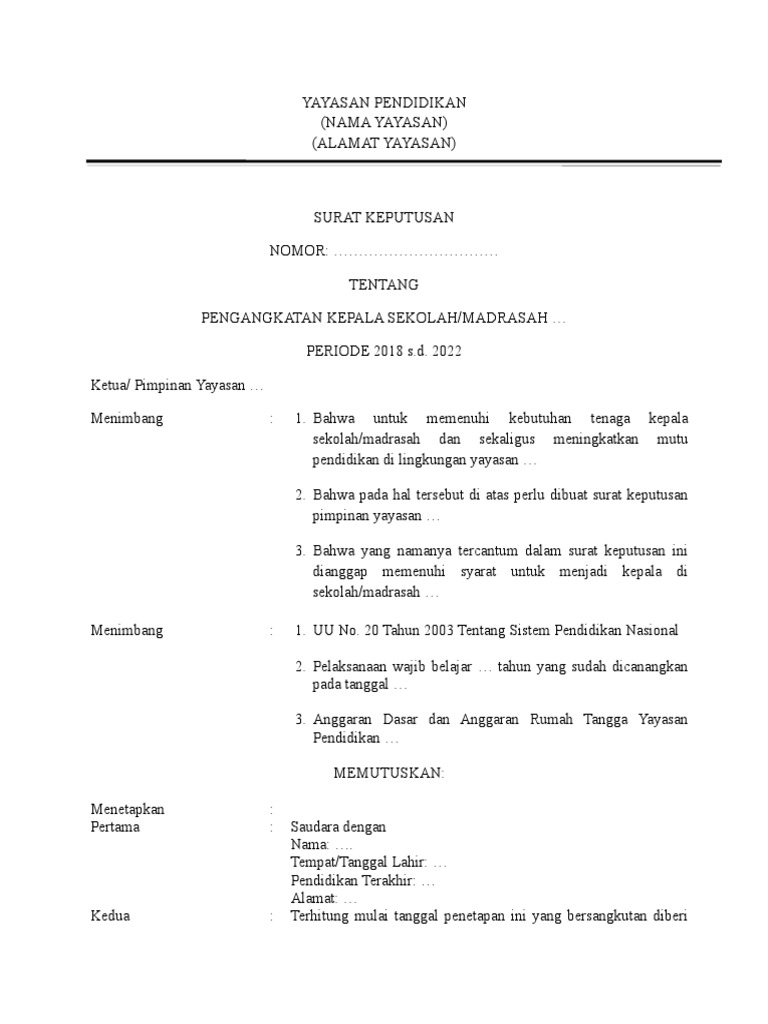 Contoh SK Pengangkatan Kepala Sekolah Madrasah Swasta