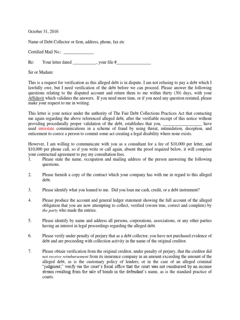 Debt Collector Verification Letter  PDF  Perjury  Debt