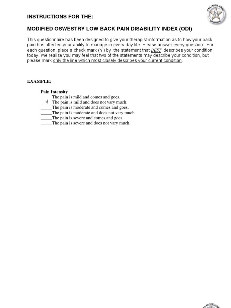 Modified Oswestry Disability Index Guide | PDF | Back Pain | Pain