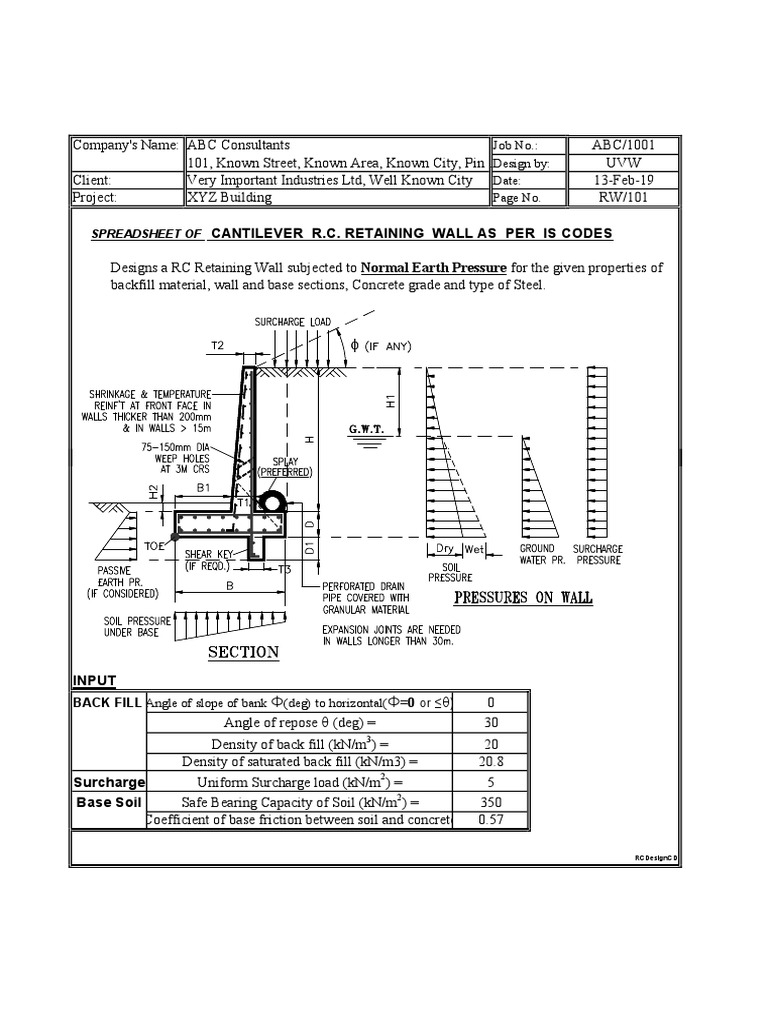 RCC Cantilever Retaining Wall Design | PDF | Civil Engineering ...