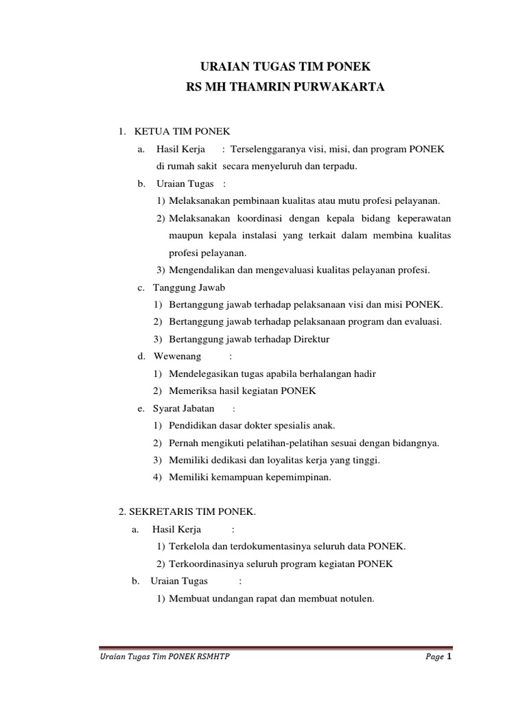 Uraian Tugas Tim Ponek | PDF