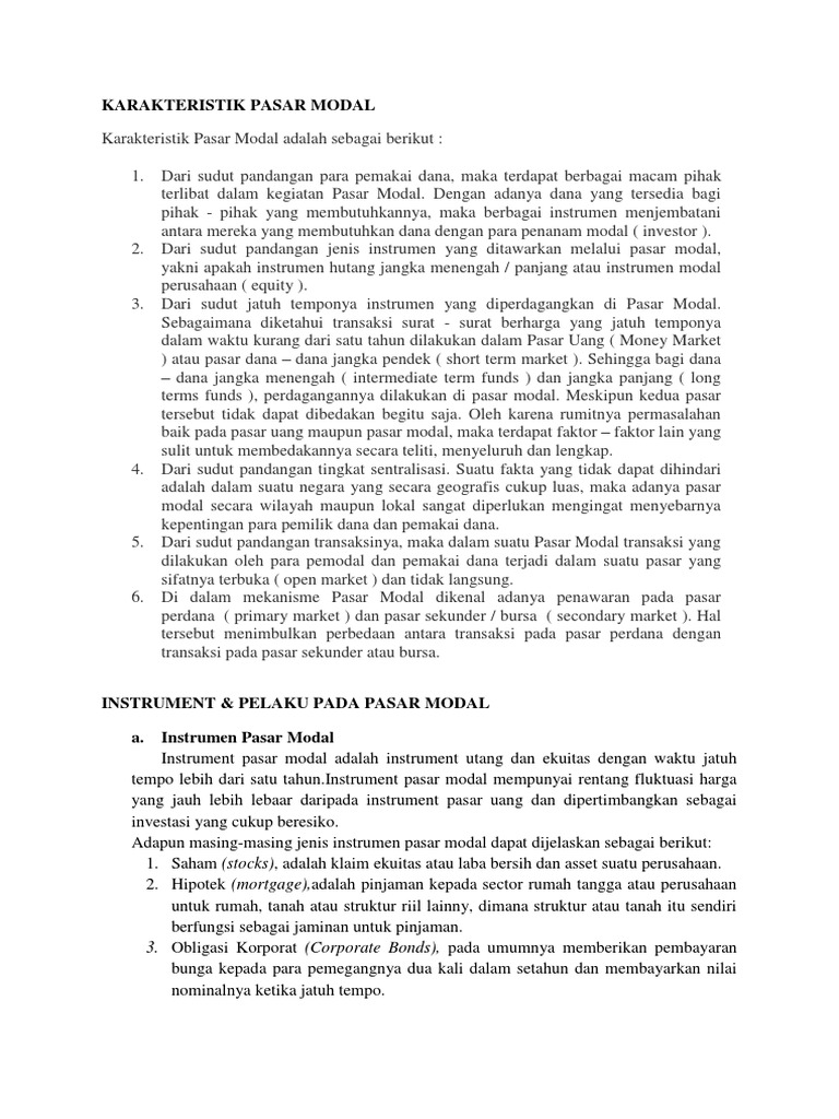 Karakteristik Pasar Modal