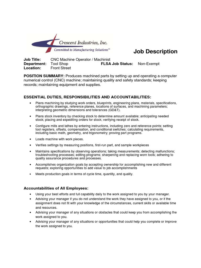 Cnc machine operator jobs description